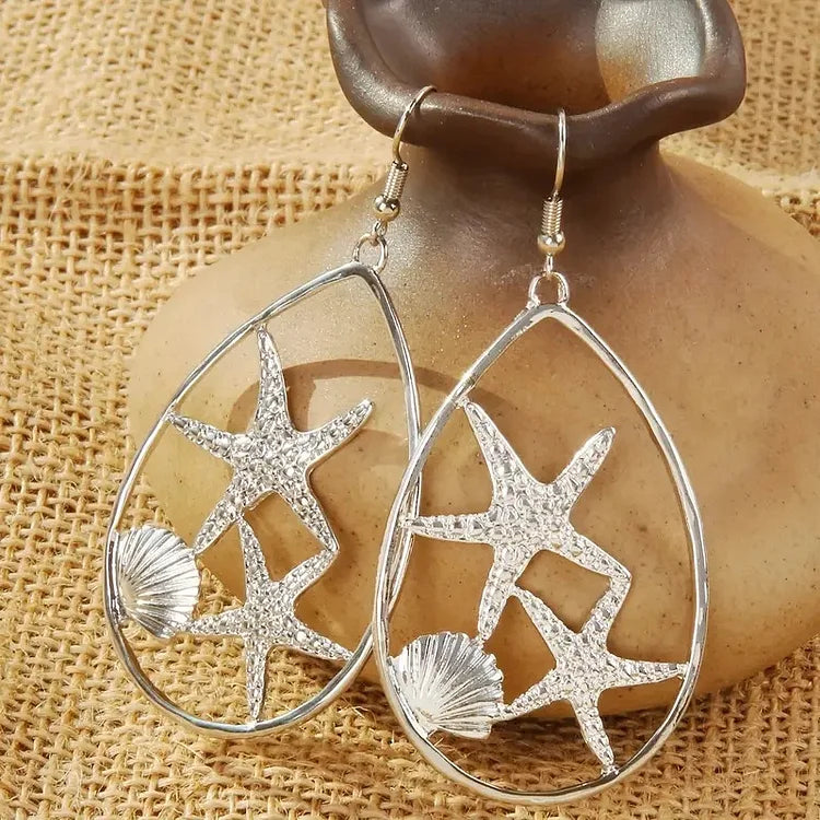 Brincos vintage boêmios geométricos em forma de estrela do mar e concha