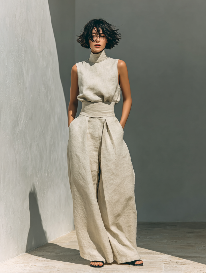 Maria™ | Conjunto completo com blusa de alças e calças largas de algodão e linho