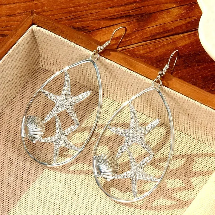 Brincos vintage boêmios geométricos em forma de estrela do mar e concha