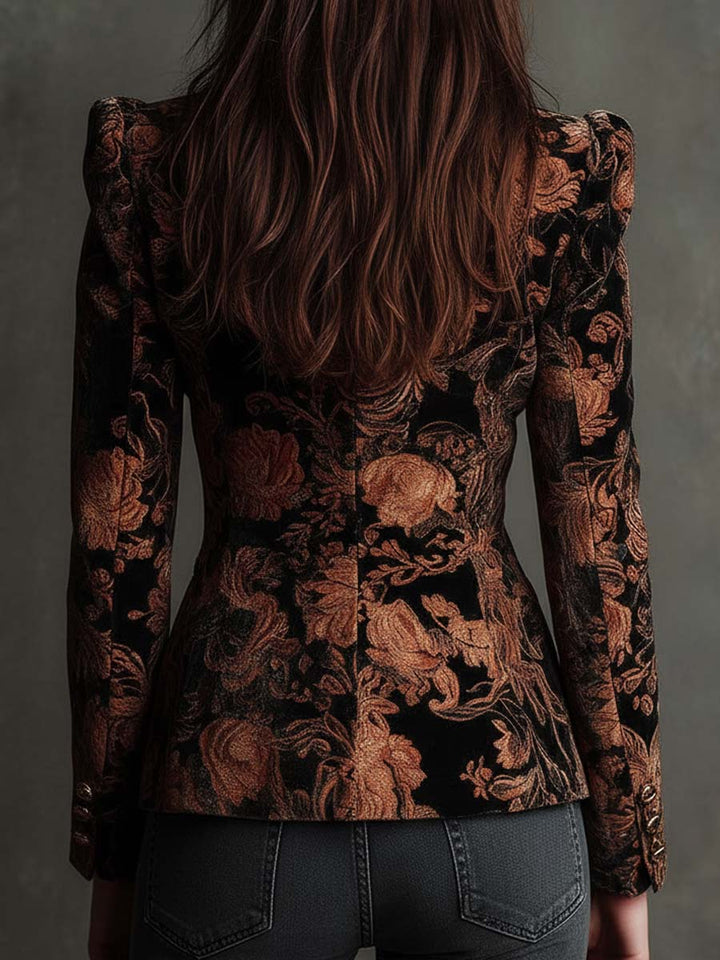 Blazer Feminino Preto e Bronze com Estampa Floral