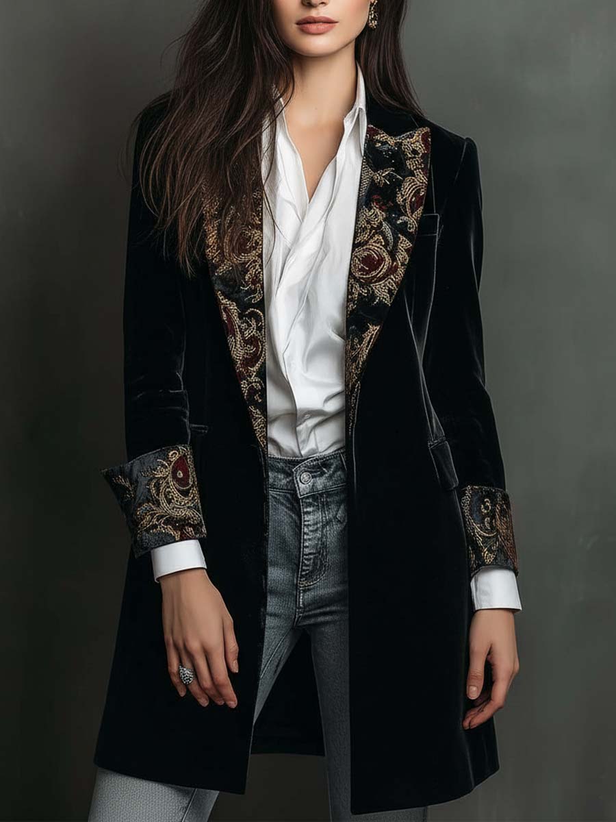 Blazer Slim Fit Feminino Preto com Estampa Barroca