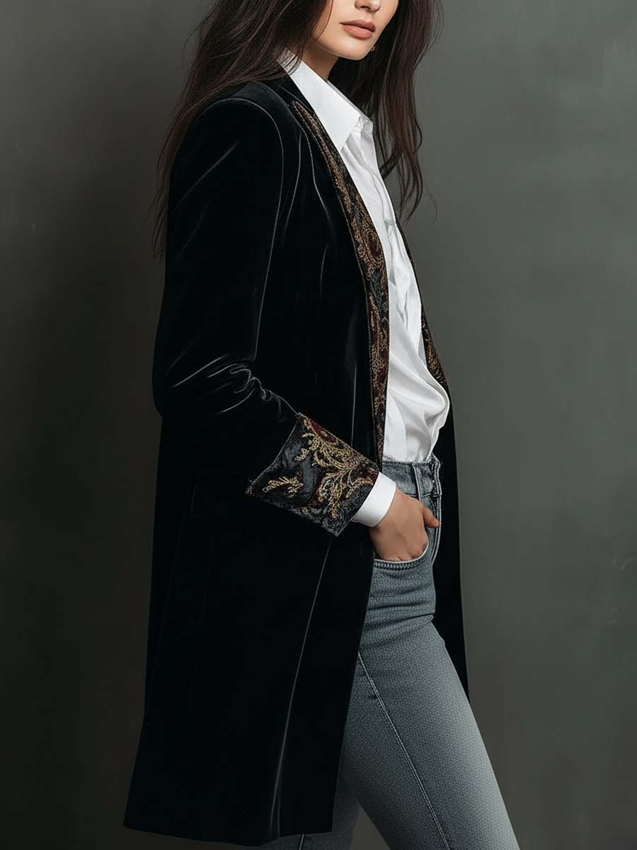 Blazer Slim Fit Feminino Preto com Estampa Barroca