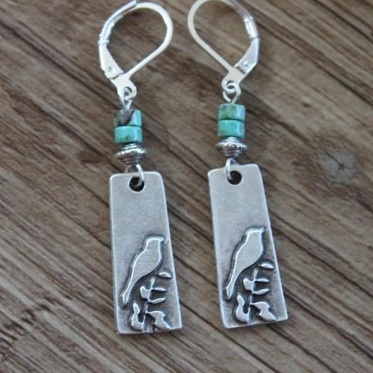 Brincos vintage de pássaro boho em prata turquesa
