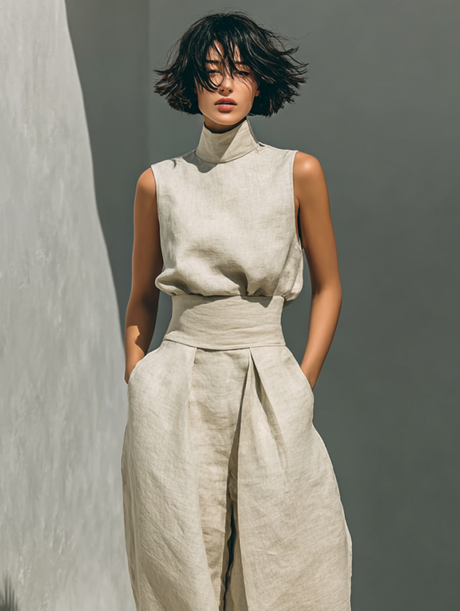 Maria™ | Conjunto completo com blusa de alças e calças largas de algodão e linho