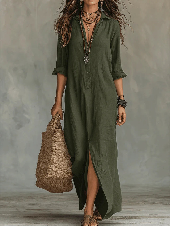 Soline™ | Vestido Maxi Preto Solto com Botões