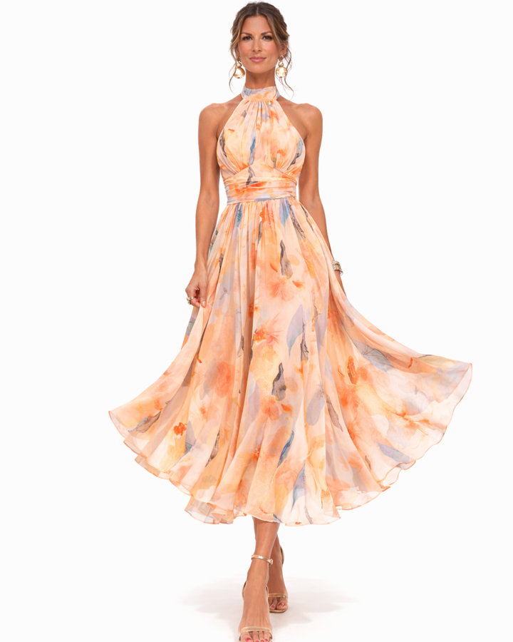 Aurora™ | Vestido com Decote Halter e Estampa Aquarela