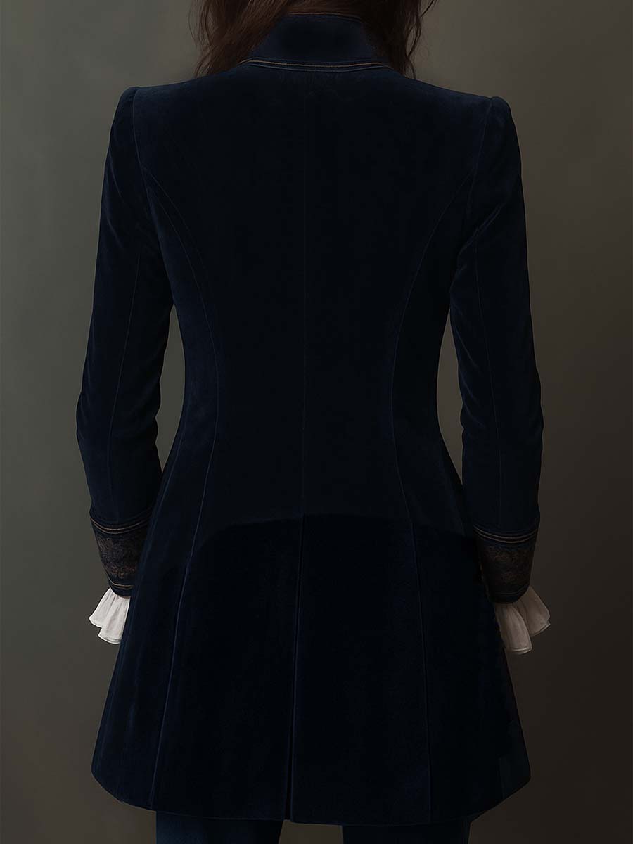 Jaqueta Longline Bordada Vintage Feminina em Azul Marinho