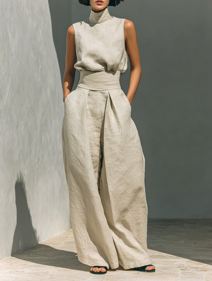 Maria™ | Conjunto completo com blusa de alça e calças largas de algodão e linho