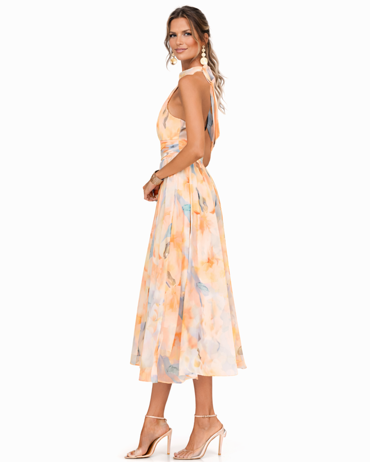 Aurora™ | Vestido com Decote Halter e Estampa Aquarela