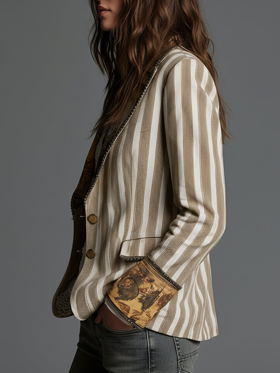 Blazer Feminino Boho Listrado Estampado com Lapela