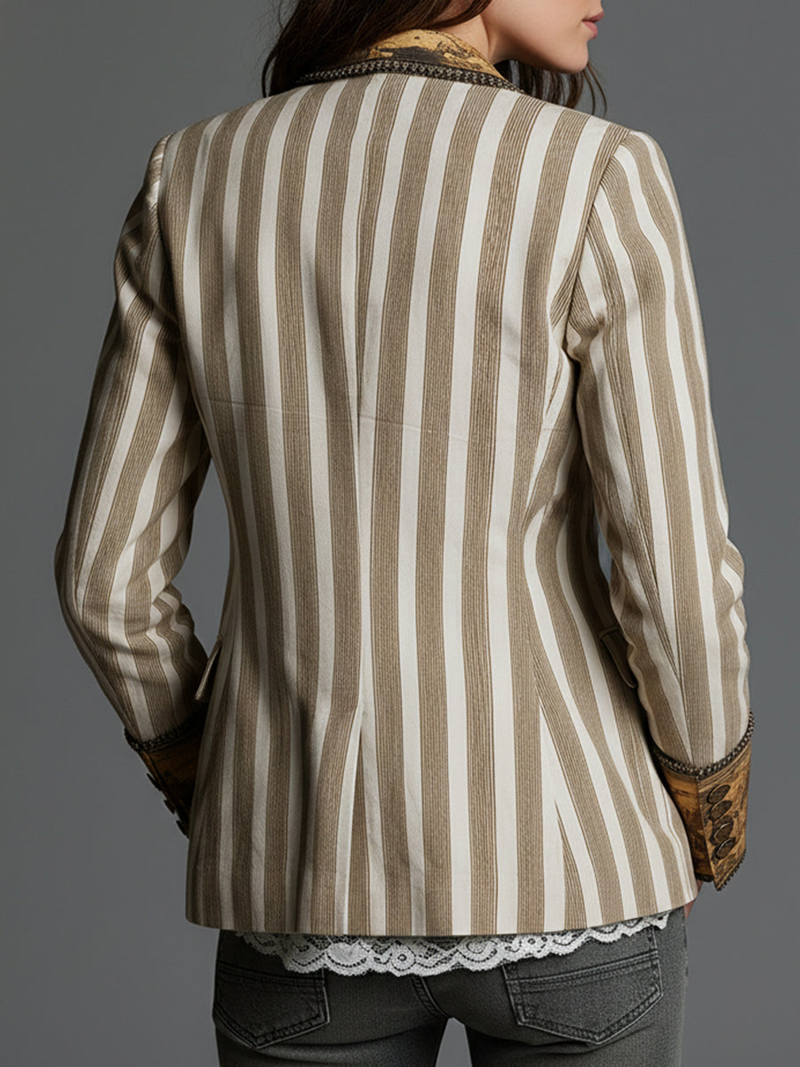 Blazer Feminino Boho Listrado Estampado com Lapela