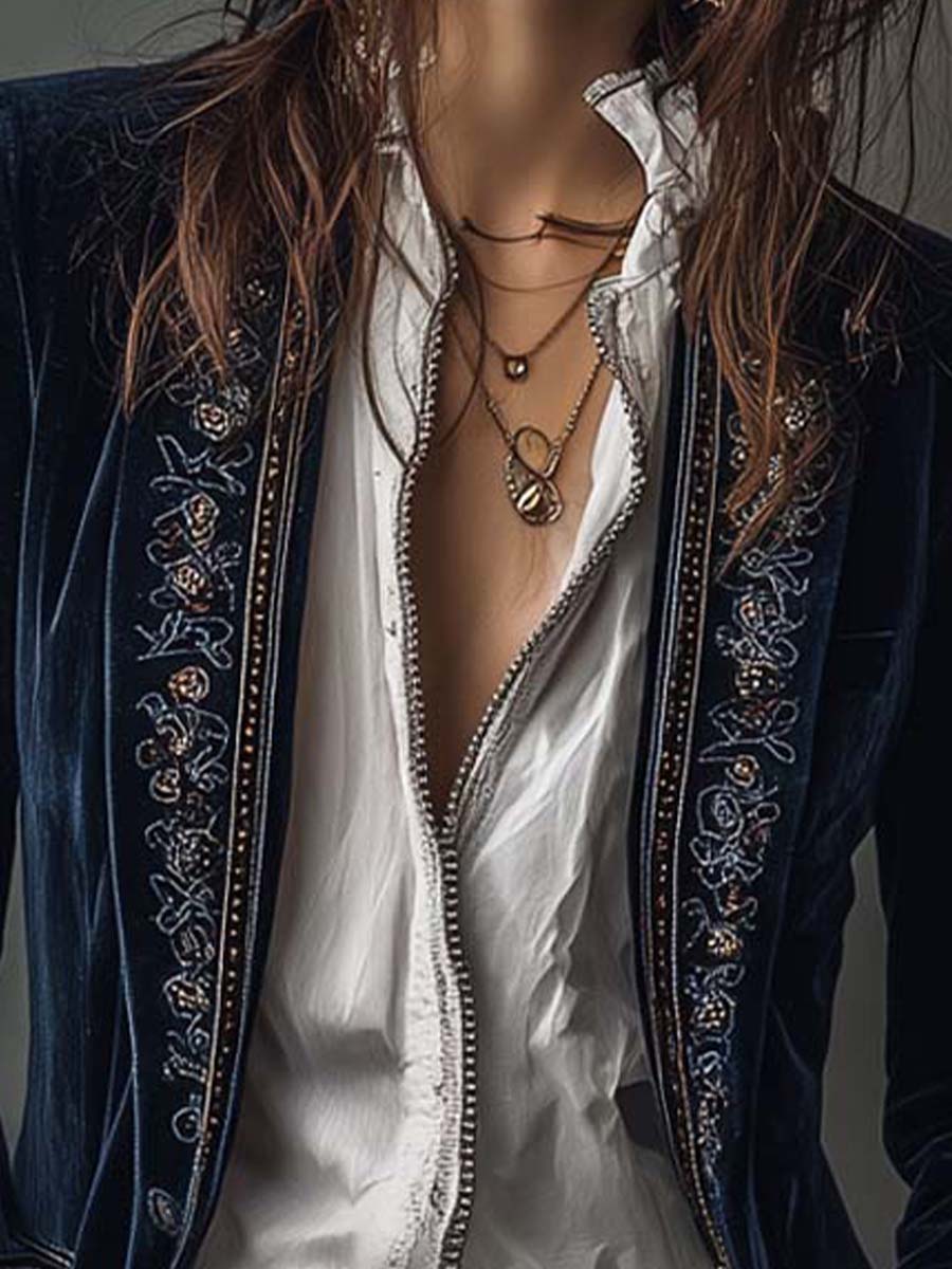 Jaqueta Longline Bordada Vintage Feminina em Azul Marinho