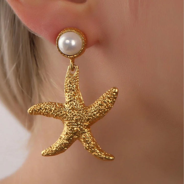 Brincos vintage de pérolas e estrelas do mar feitos à mão
