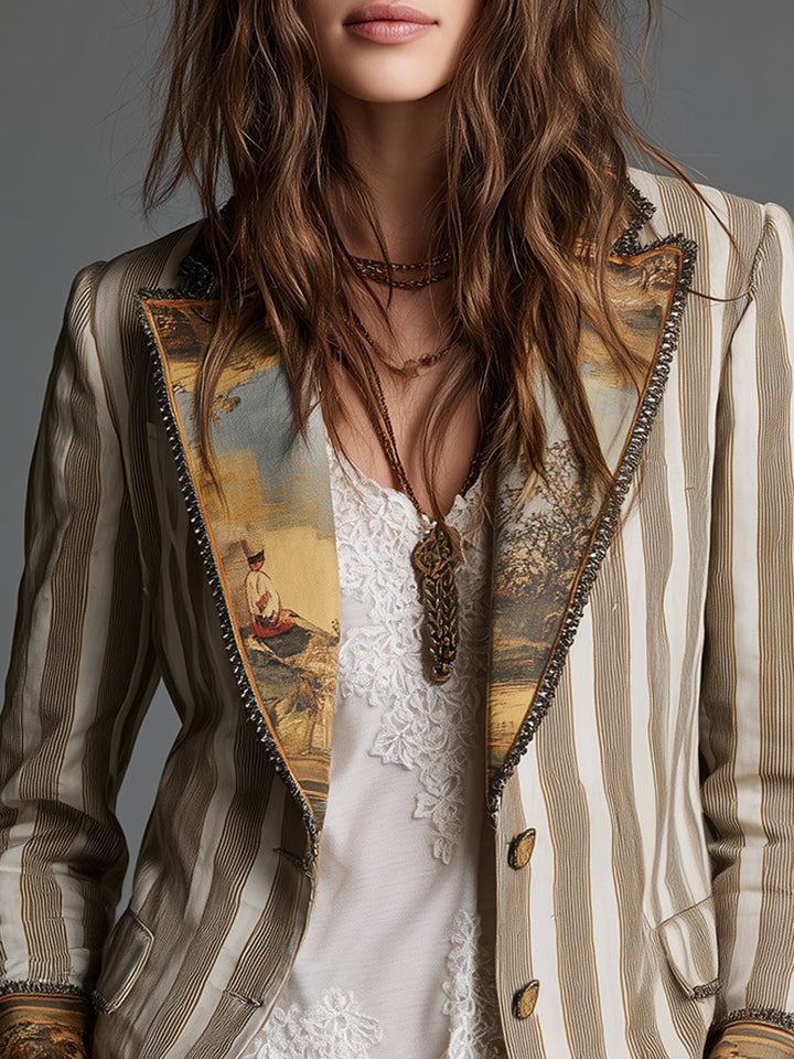 Blazer Feminino Boho Listrado Estampado com Lapela