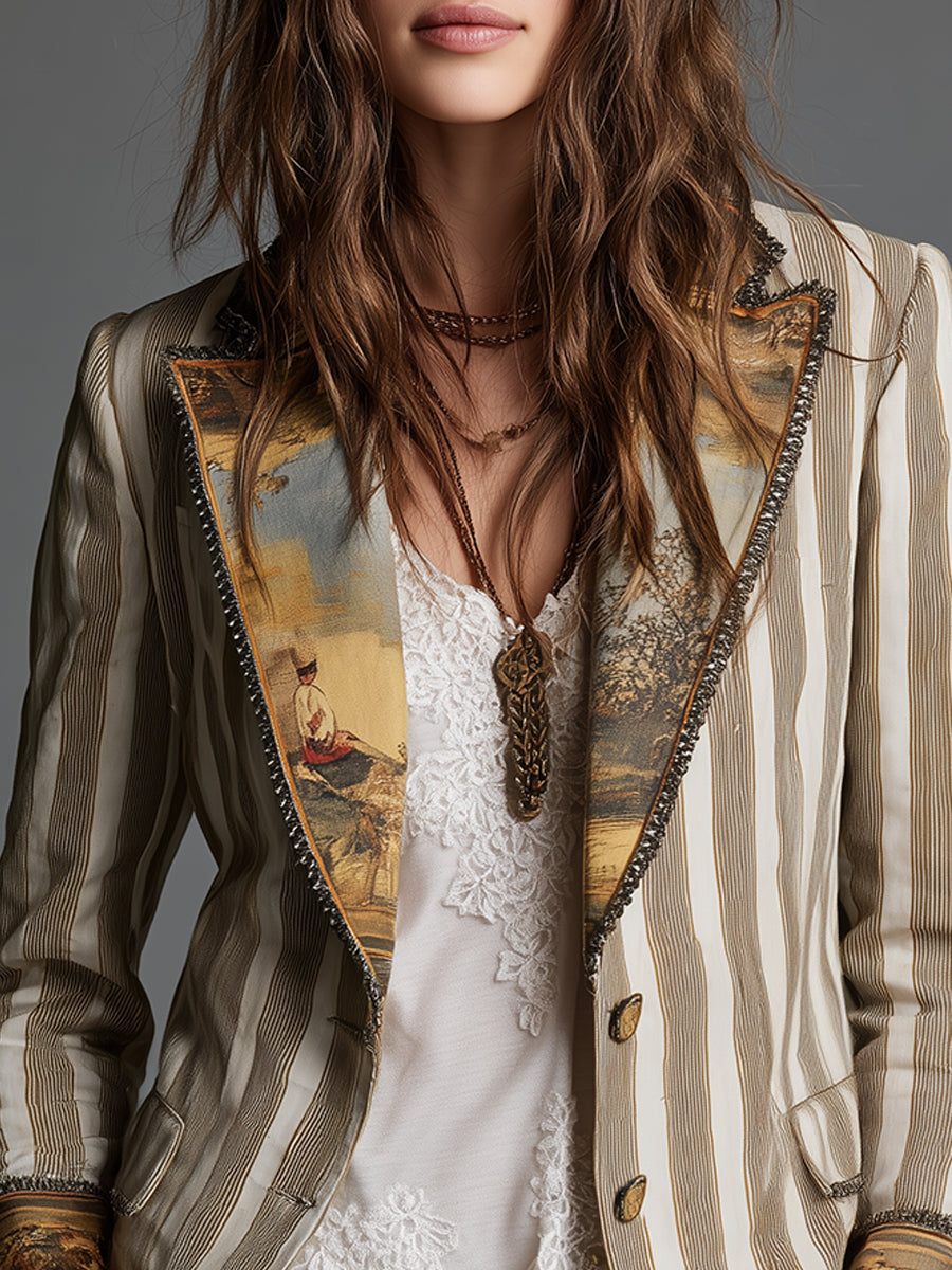 Blazer Feminino Boho Listrado Estampado com Lapela
