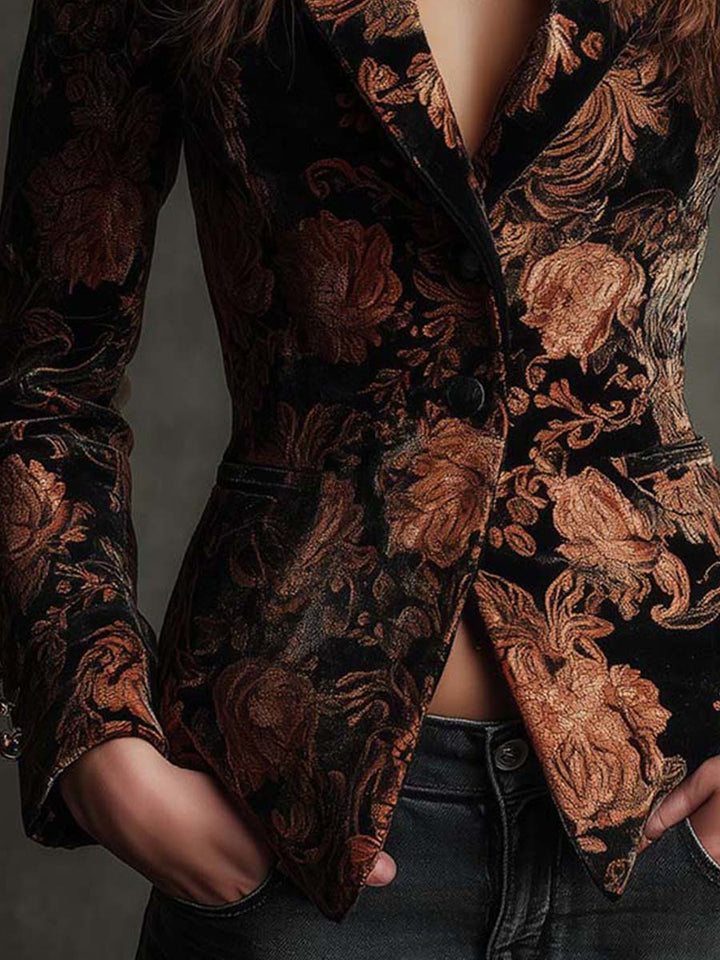 Blazer Feminino Preto e Bronze com Estampa Floral