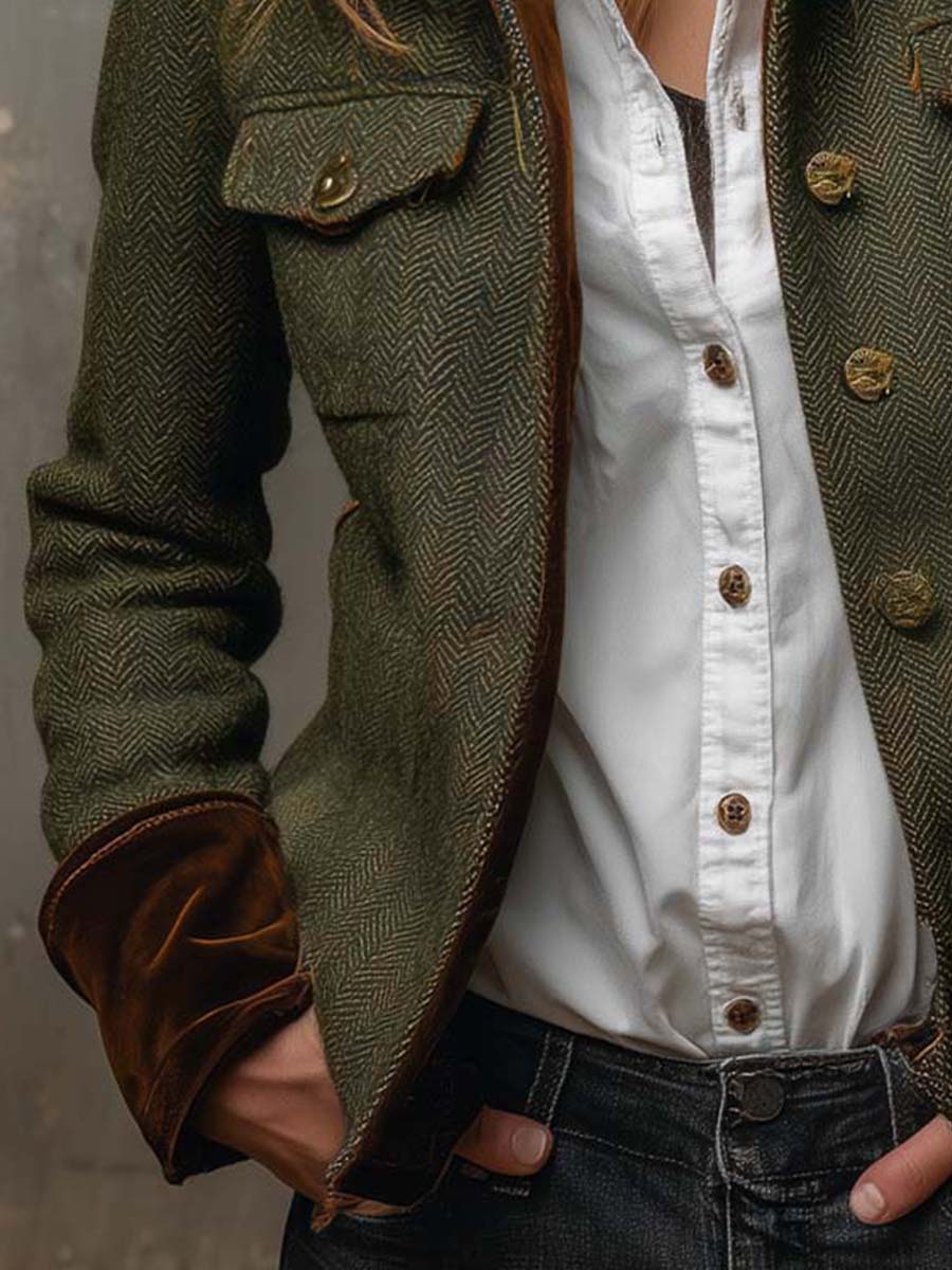 Blazer Feminino Vintage com Detalhes em Chevron