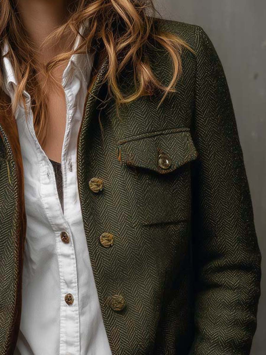 Blazer Feminino Vintage com Detalhes em Herringbone