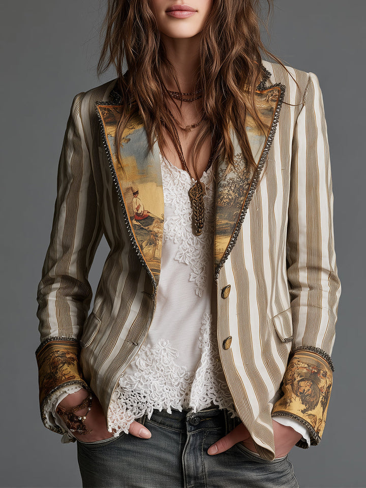 Blazer Feminino Boho Listrado Estampado com Lapela