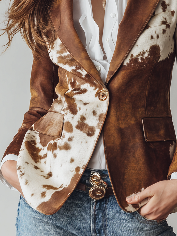 Blazer Vintage Feminino Estampa de Vaca Ecológico
