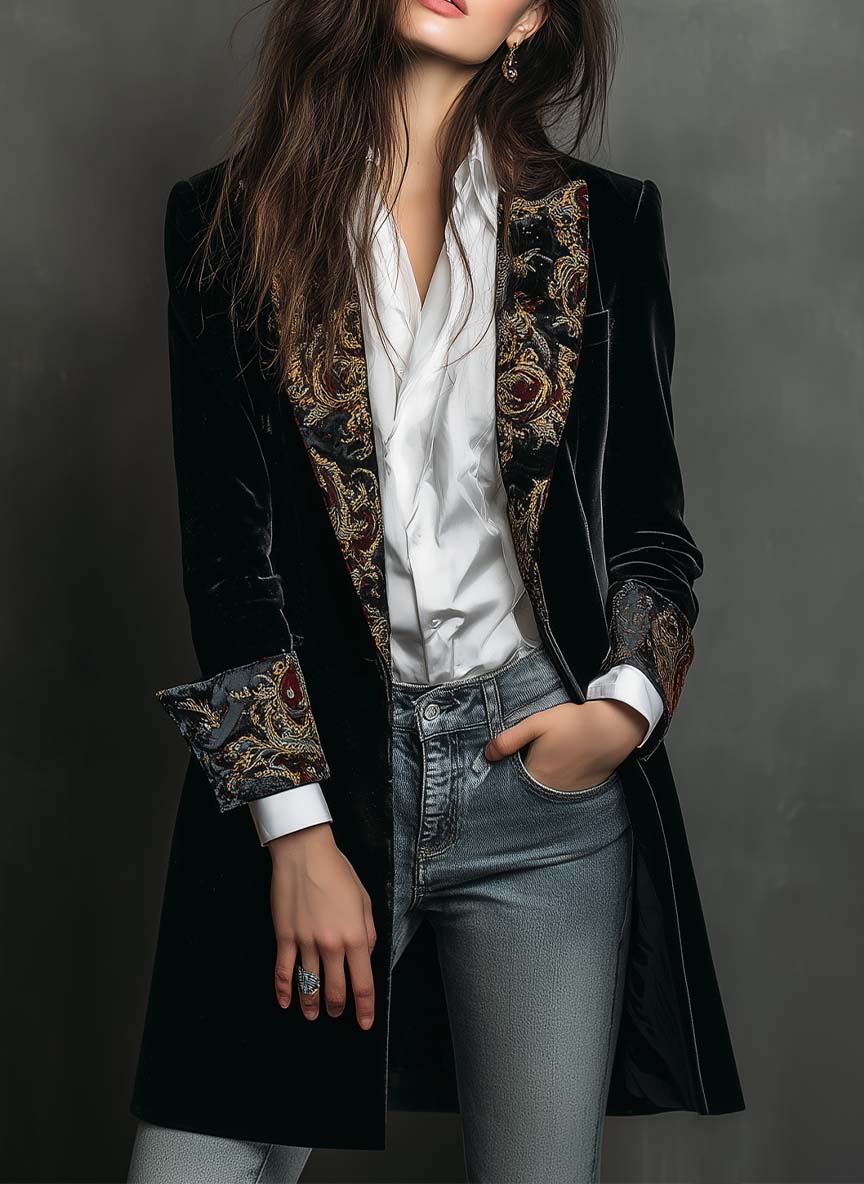 Blazer Slim Fit Preto com Estampa Barroca para Mulheres