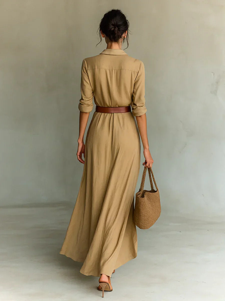 Camille™ | Vestido Maxi com Lapelas e Cinto na Cintura