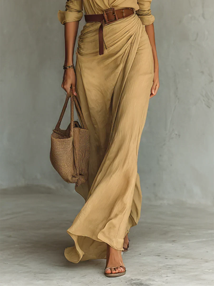 Camille™ | Vestido Maxi com Lapelas e Cinto na Cintura