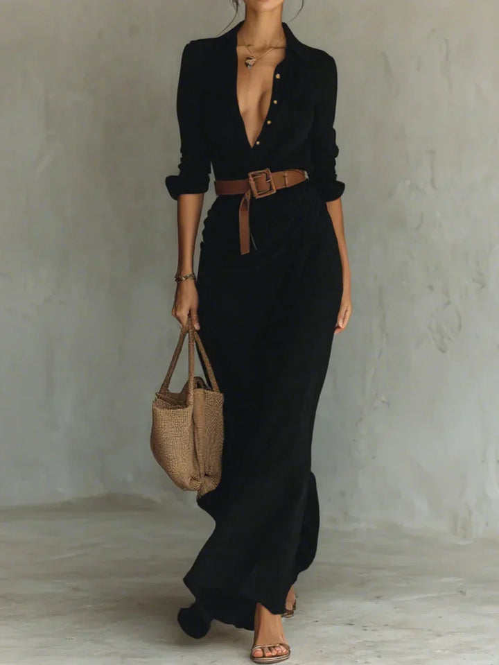 Camille™ | Vestido Maxi com Lapelas e Cinto na Cintura