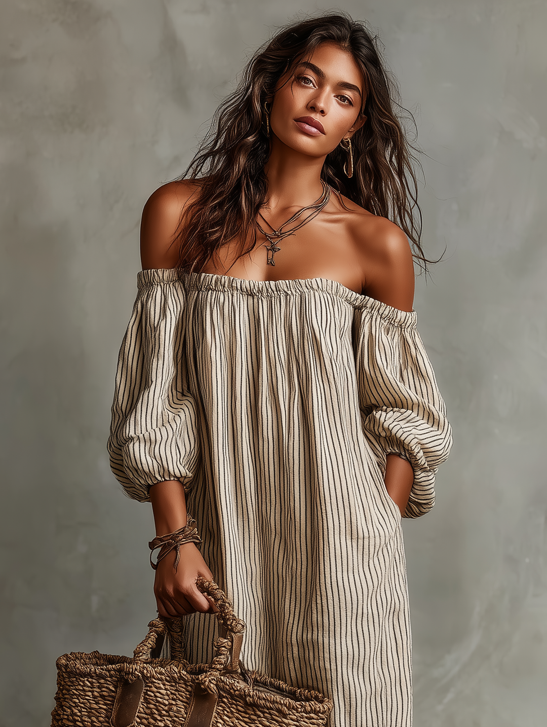 Carmen | Vestido longo de algodão e linho com design off-the-shoulder