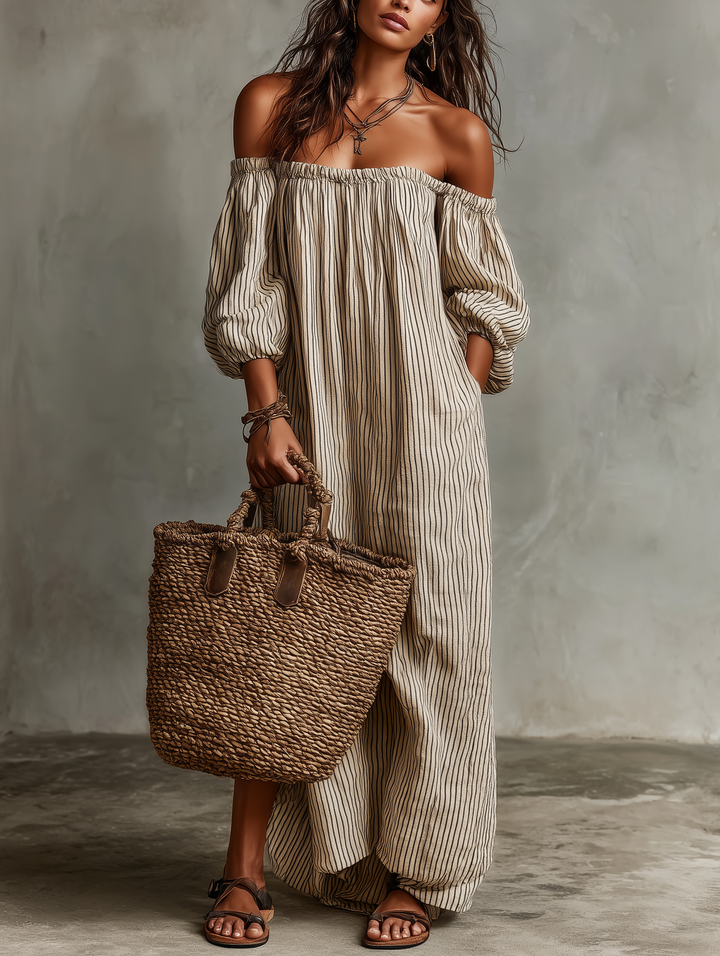 Carmen | Vestido longo de algodão e linho com design off-the-shoulder