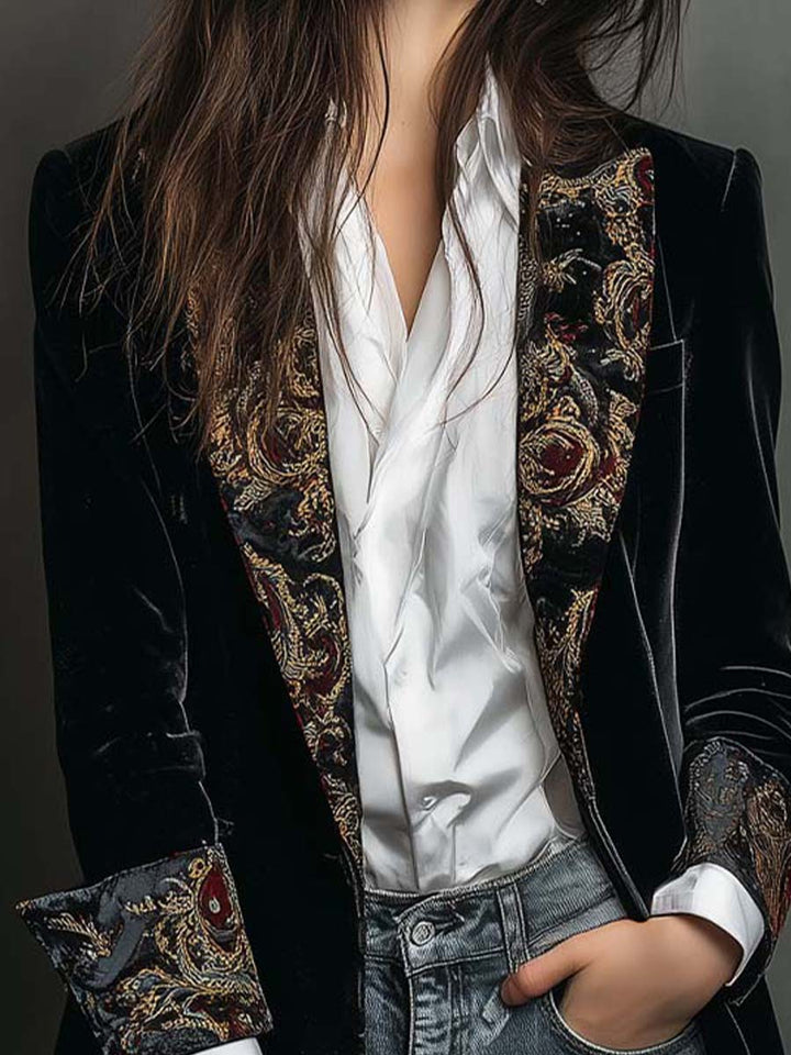 Blazer Slim Fit Preto com Estampa Barroca para Mulheres