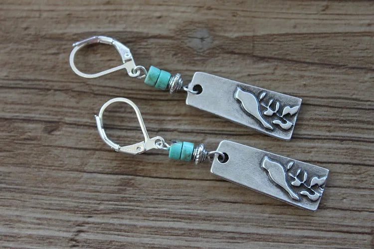 Brincos vintage de pássaro boho em prata turquesa