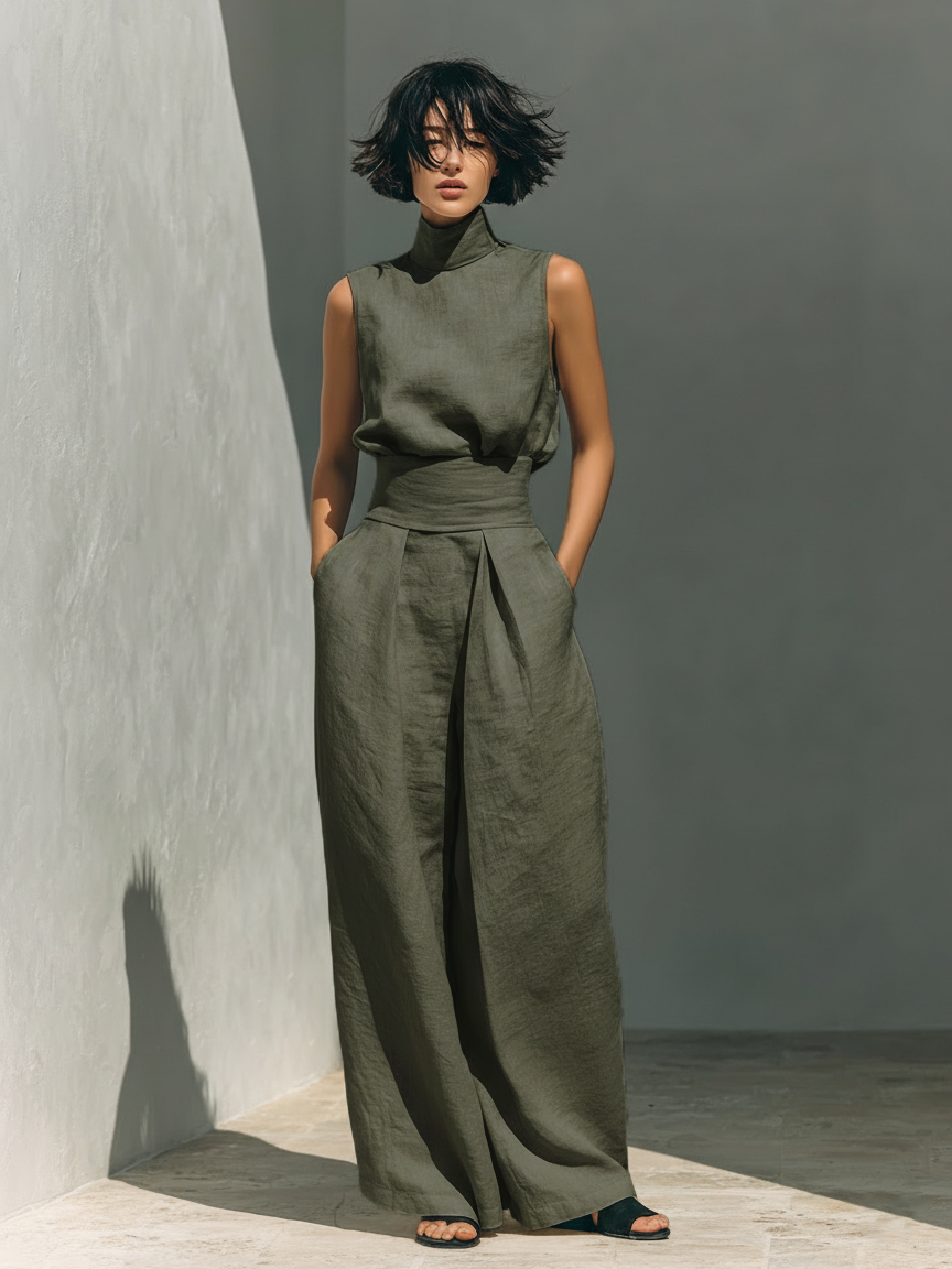 Maria™ | Conjunto completo com blusa de alça e calças largas de algodão e linho