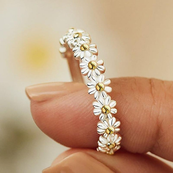 Anel de Prata Ajustável com Margaridas em Esmalte Pintado à Mão