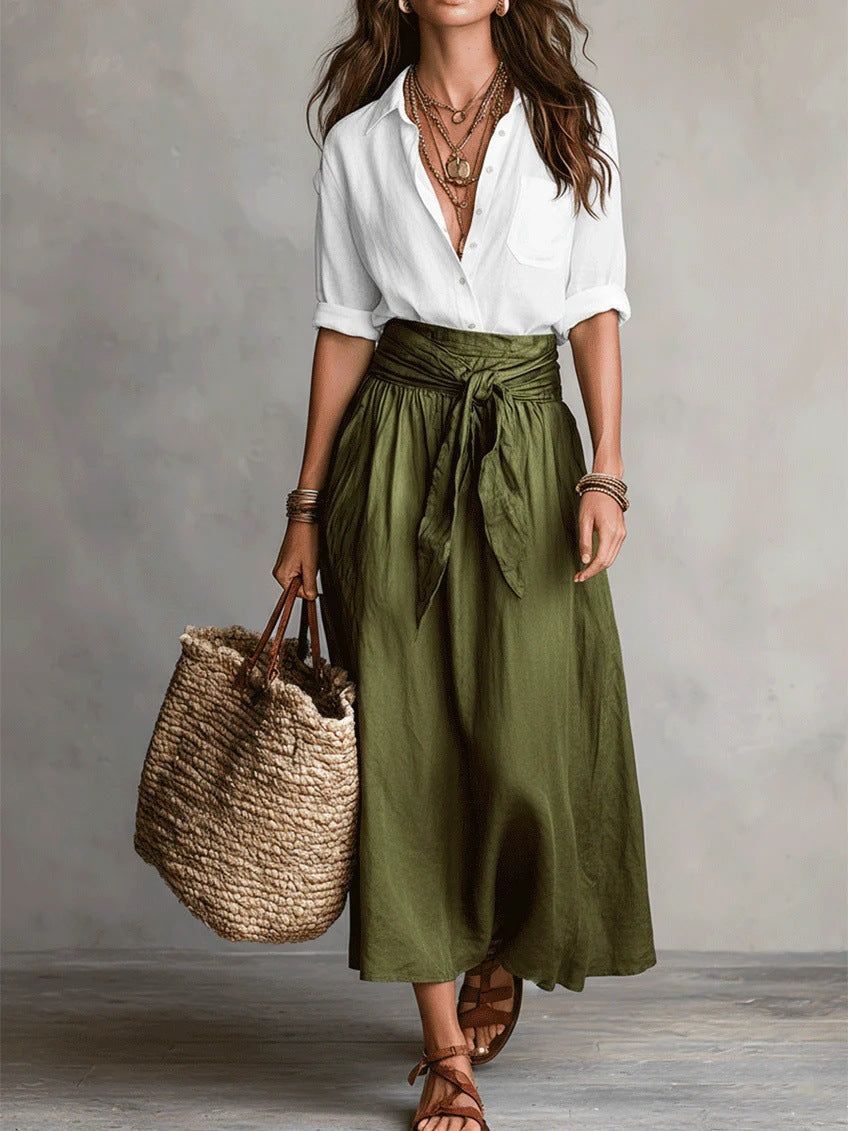 Vera – Conjunto de Dois Peças: Camiseta Preta e Saia Midi Verde Oliva