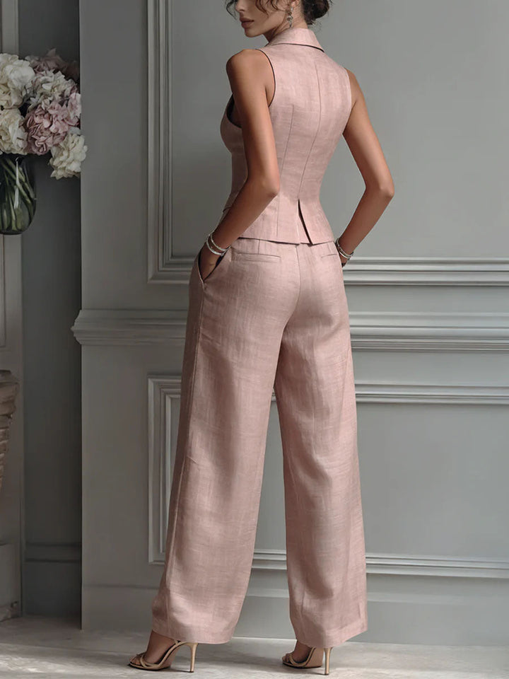 Conjunto Feminino de Duas Peças com Decote em V e Botões