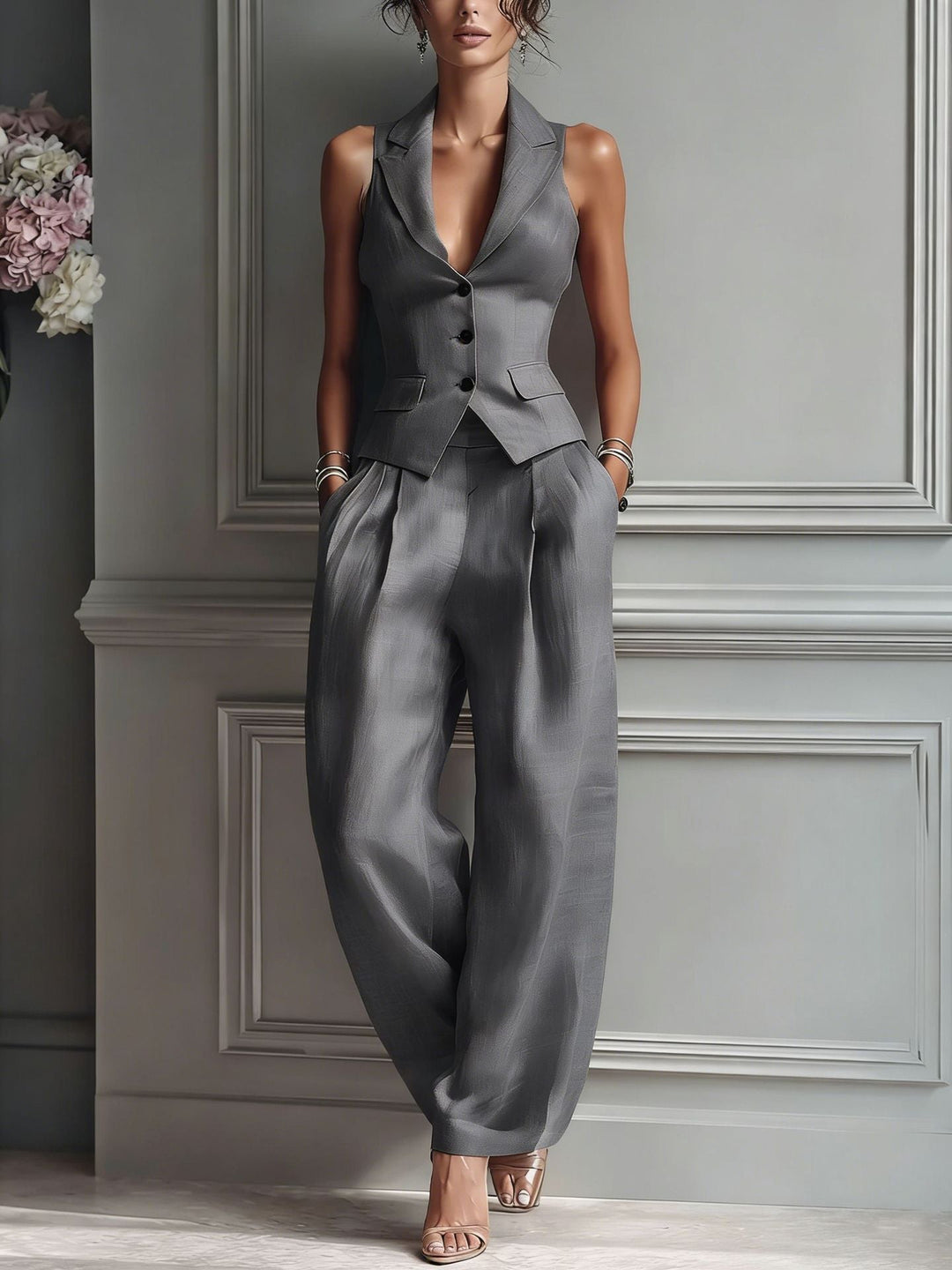 Conjunto Feminino de Duas Peças com Decote em V e Botões