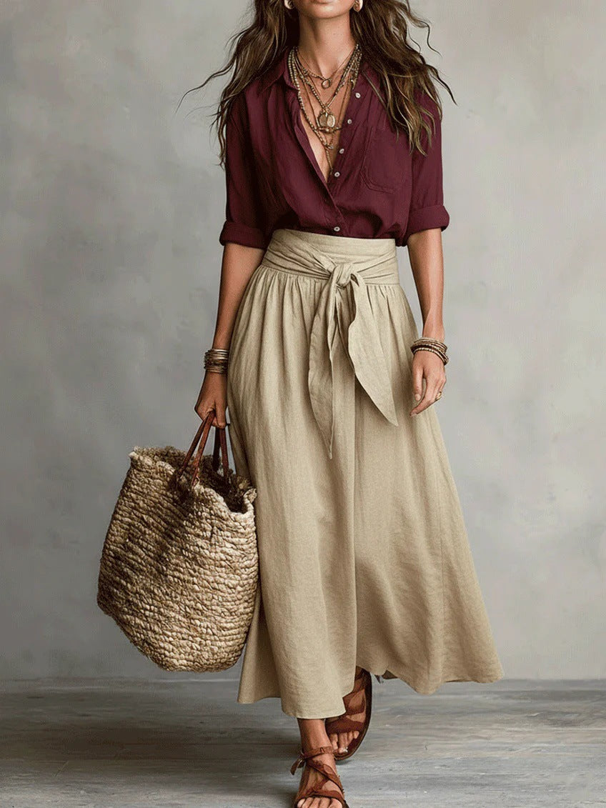 Vera – Conjunto de Dois Peças: Camiseta Preta e Saia Midi Verde Oliva
