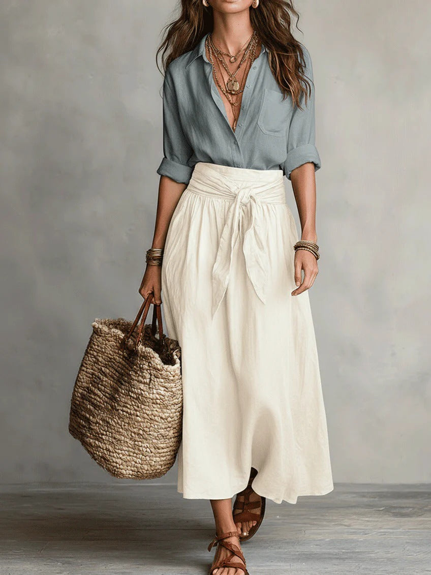 Vera – Conjunto de Dois Peças: Camiseta Preta e Saia Midi Verde Oliva