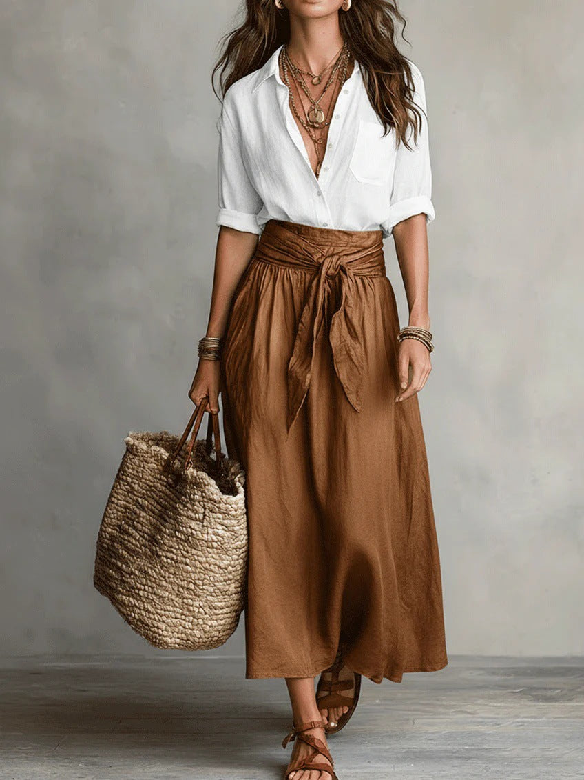 Vera – Conjunto de Dois Peças: Camiseta Preta e Saia Midi Verde Oliva
