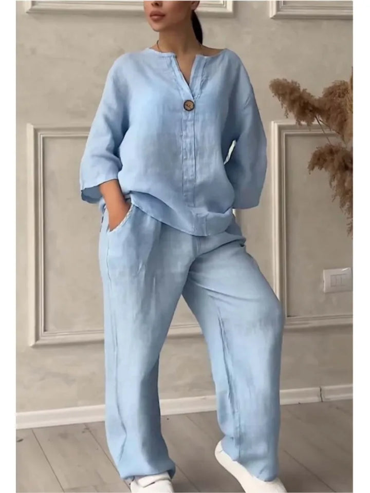 Mariana | Conjunto de Top Casual com Decote em V e Calças de Perna Larga
