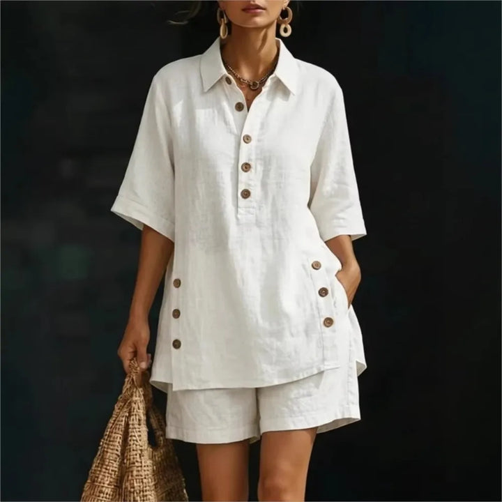 Solena | Camisa de manga curta com gola lapela e calças com bolsos laterais