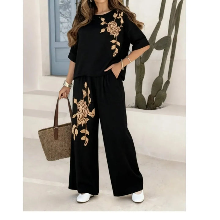 Felena | Conjunto de Calças Bordadas de Cintura Larga Elegante