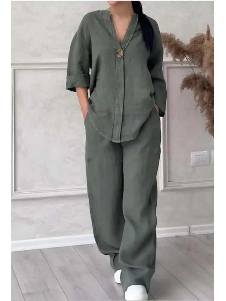 Mariana | Conjunto de Top Casual com Decote em V e Calças de Perna Larga