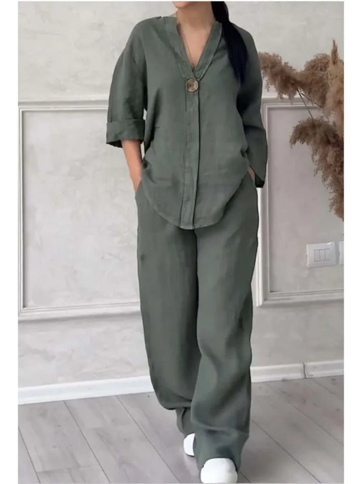 Mariana | Conjunto de Top Casual com Decote em V e Calças de Perna Larga