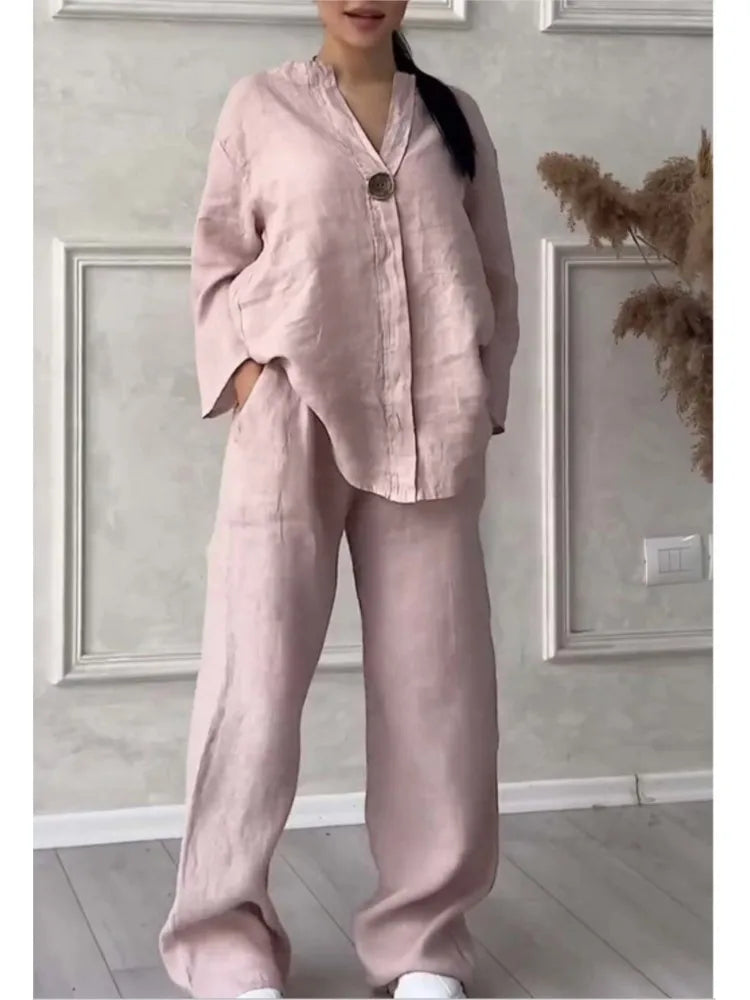 Mariana | Conjunto de Top Casual com Decote em V e Calças de Perna Larga