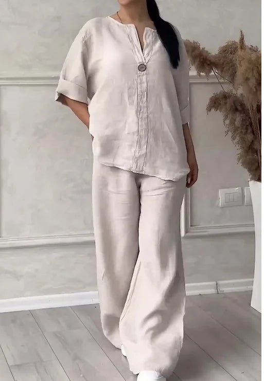 Mariana | Conjunto de Top Casual com Decote em V e Calças de Perna Larga