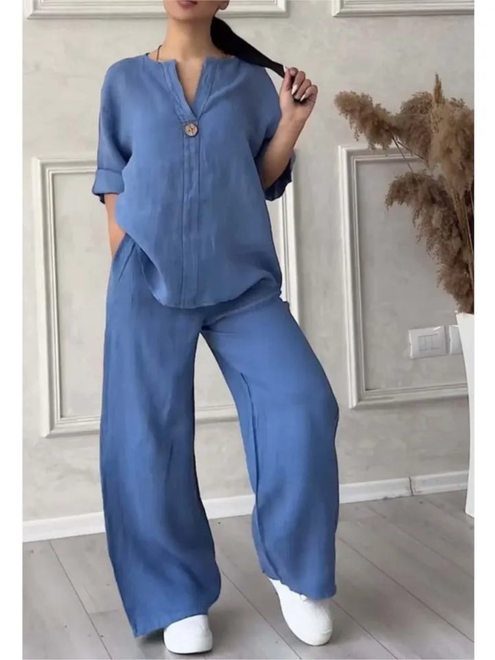 Mariana | Conjunto de Top Casual com Decote em V e Calças de Perna Larga
