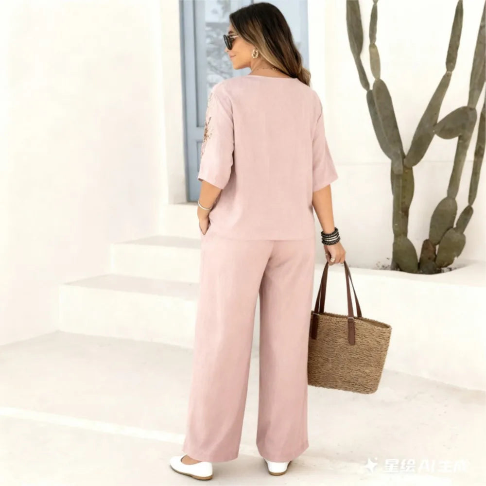 Felena | Conjunto de Calças Bordadas de Cintura Larga Elegante