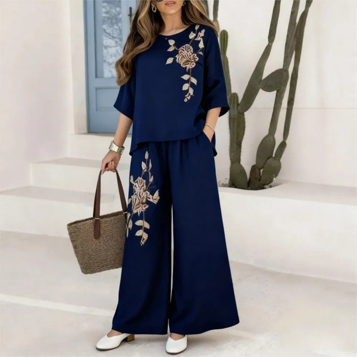 Felena | Conjunto de Calças Bordadas de Cintura Larga Elegante